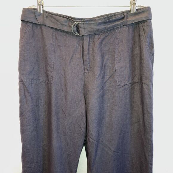 TAHARI size 14 100% Linen Wide Leg Dress Pants Taupe-Gray Belt Flowy - Picture 2 of 8
